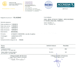 Analisi biodiesel da olio di palma prodotto con ROTOCAV - Cavitatore idrodinamico